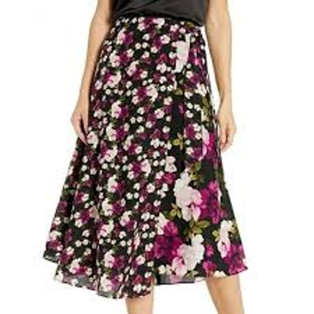 Calvin Klein Floral Faux Wrap A-Line Midi Skirt Black Pink White Women’s 18W - Picture 2 of 8